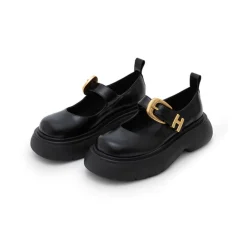 Herlian Logo Buckle Thick Sole Leather Mary Jane Black
