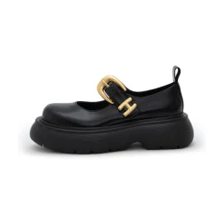 Herlian Logo Buckle Thick Sole Leather Mary Jane Black