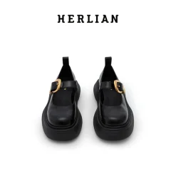 Herlian Logo Buckle Thick Sole Leather Mary Jane Black