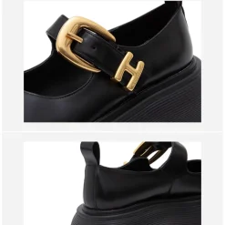 Herlian Logo Buckle Thick Sole Leather Mary Jane Black