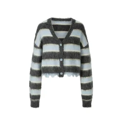 Herlian Raw Edge Striped Mohair Cardigan Grey