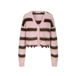 Herlian Raw Edge Striped Mohair Cardigan Pink