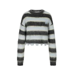Herlian Raw Edge Striped Mohair Knit Sweater Grey