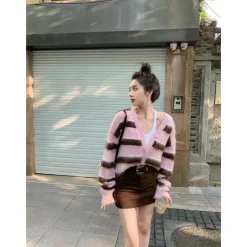 Herlian Raw Edge Striped Mohair Cardigan Pink