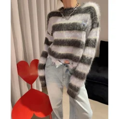 Herlian Raw Edge Striped Mohair Knit Sweater Grey