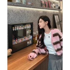 Herlian Raw Edge Striped Mohair Cardigan Pink