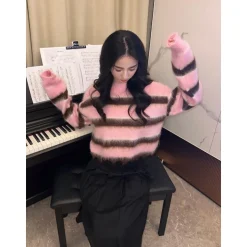 Herlian Raw Edge Striped Mohair Knit Sweater Pink