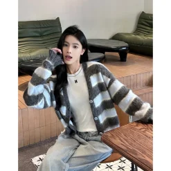 Herlian Raw Edge Striped Mohair Cardigan Grey