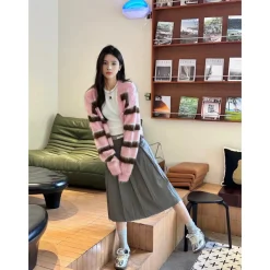 Herlian Raw Edge Striped Mohair Cardigan Pink