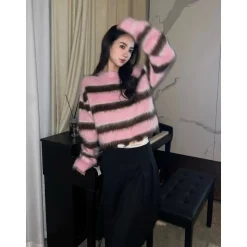 Herlian Raw Edge Striped Mohair Knit Sweater Pink