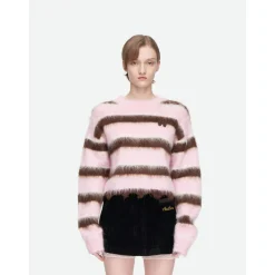 Herlian Raw Edge Striped Mohair Knit Sweater Pink