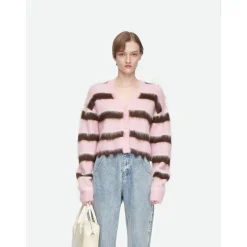 Herlian Raw Edge Striped Mohair Cardigan Pink