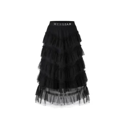 Herlian Rhinestone Logo Waist Gauze Skirt Black