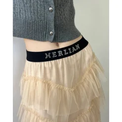 Herlian Rhinestone Logo Waist Gauze Skirt Cream