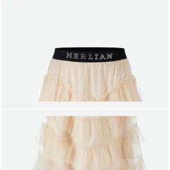 Herlian Rhinestone Logo Waist Gauze Skirt Cream