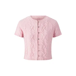 Herlian Twist Buttons Trim Short Sleeve Sweater Pink