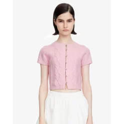 Herlian Twist Buttons Trim Short Sleeve Sweater Pink