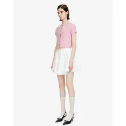 Herlian Twist Buttons Trim Short Sleeve Sweater Pink