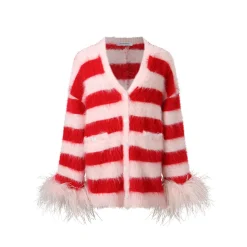 Jac Fleurant Color Blocked Striped Feather Cuff Cardigan White