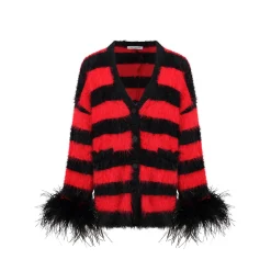 Jac Fleurant Color Blocked Striped Feather Cuff Cardigan Black