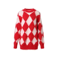 Jac Fleurant Color Blocked Checkered Knit Sweater Red