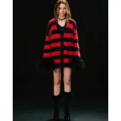 Jac Fleurant Color Blocked Striped Feather Cuff Cardigan Black