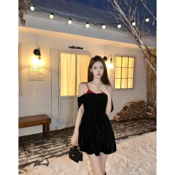 Jac Fleurant Color Blocked Velvet Glitter Sling Dress