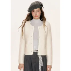 Kroche Blended Rabbit Hair Short Knit Cardigan White