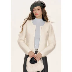 Kroche Blended Rabbit Hair Short Knit Cardigan White