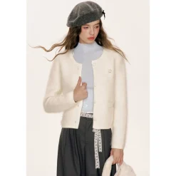 Kroche Blended Rabbit Hair Short Knit Cardigan White