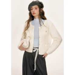 Kroche Blended Rabbit Hair Short Knit Cardigan White