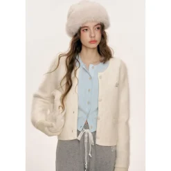 Kroche Blended Rabbit Hair Short Knit Cardigan White