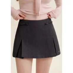 Kroche Blended Woolen Bow Pleated A-Line Suit Skirt Gray