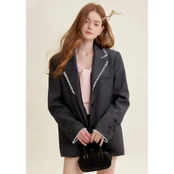 Kroche Blended Woolen Bow Flat Collar Suit Jacket Gray