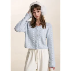 Kroche Blended Woolen Embroidery Twist Cardigan Blue