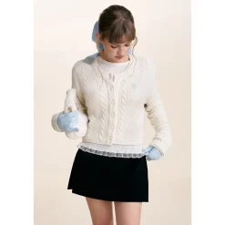 Kroche Blended Woolen Embroidery Twist Cardigan White