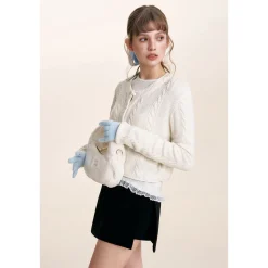 Kroche Blended Woolen Embroidery Twist Cardigan White