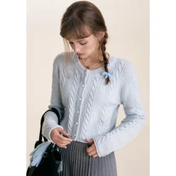 Kroche Blended Woolen Embroidery Twist Cardigan Blue