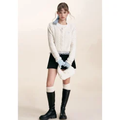 Kroche Blended Woolen Embroidery Twist Cardigan White