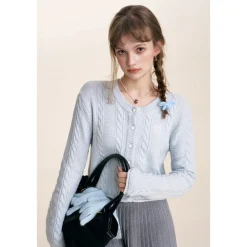 Kroche Blended Woolen Embroidery Twist Cardigan Blue