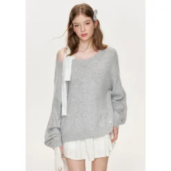 Kroche Bow Lace Shoulder Girdle Sweater Gray