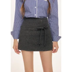 Kroche Bow Woolen Tweed A-Line Skirt Gray
