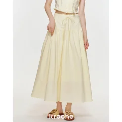 Kroche Bow Wrinkle Lace Edge Long Skirt Yellow