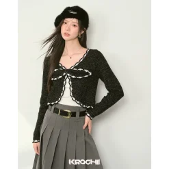 Kroche Color Blocked Bow Tie Knitted Cardigan Black