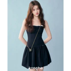 Kroche Color Blocked Bow Patchwork Bud Dress Black