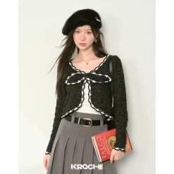 Kroche Color Blocked Bow Tie Knitted Cardigan Black