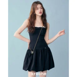 Kroche Color Blocked Bow Patchwork Bud Dress Black