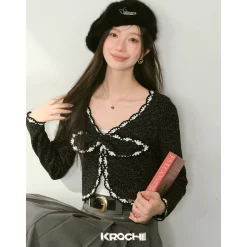 Kroche Color Blocked Bow Tie Knitted Cardigan Black