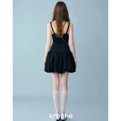 Kroche Color Blocked Bow Patchwork Bud Dress Black