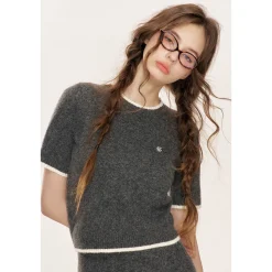 Kroche Color Blocked Edge Woolen Short Sleeved Top Gray